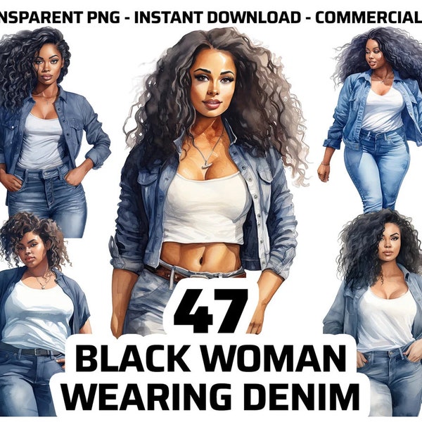 Denim Girl Clipart, Denim Fashion PNG, Black Girl Clipart, Jeans PNG, Girl Jeans Clipart, Fashion Girl Clipart, Afro Girl Clipart, Afro PNG