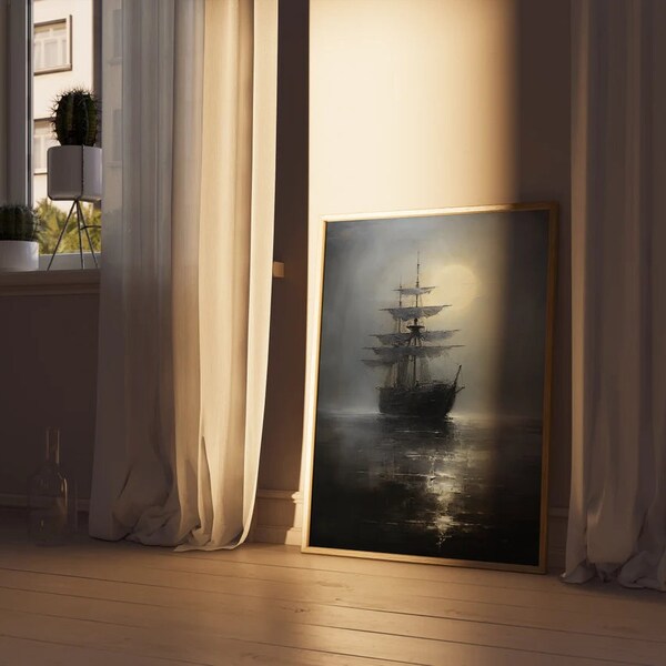 Vintage Ship - Dark moody Painting - Dark Academia Style - Dark Vintage Art - Moody Wall Art - Vintage Oil Painting - Dark Oil Painting