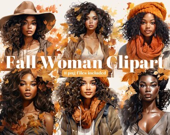 Black Woman Clipart Autumn, Watercolor Autumn Fashion Clipart, Fashion girl clipart, Black girl clipart, Autumn clipart, Black woman clipart