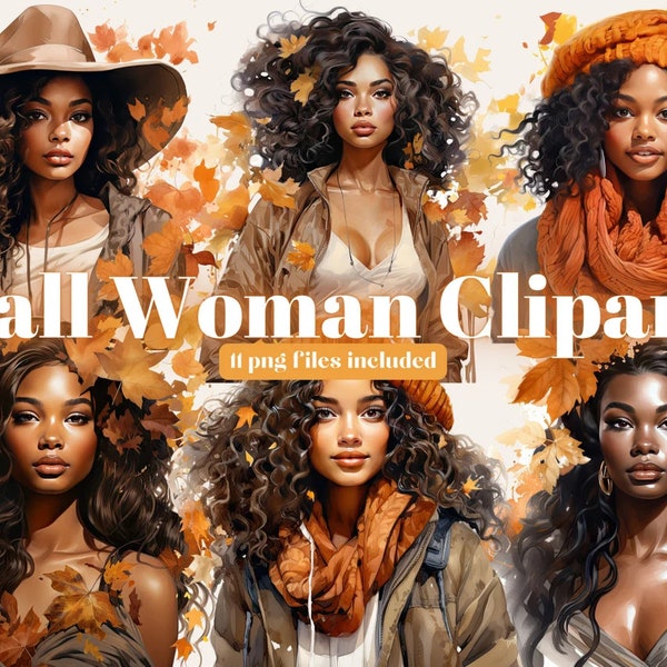 Black Woman Clipart Autumn, Watercolor Autumn Fashion Clipart, Fashion girl clipart, Black girl clipart, Autumn clipart, Black woman clipart