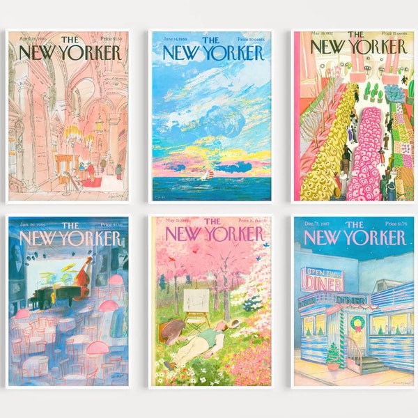 New Yorker Magazine Cover Set Of 6, Gallery Wall Art Set Of 6, Blue New Yorker Prints, PRINTABLE Digital Download, Pink New Yorker Posters