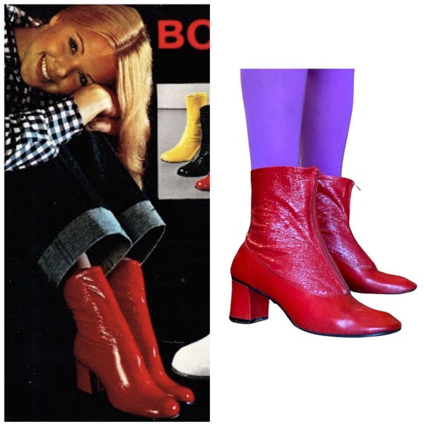 1960s Red Vinyl Mod GoGo Ankle Zipper Front Boots 60s Vintage