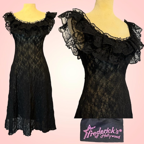 Fredericks of Hollywood Sheer Lace Ruffle Trim Vintage 90s Dress