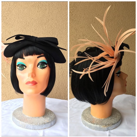 1940s Pink Feather Black Hat