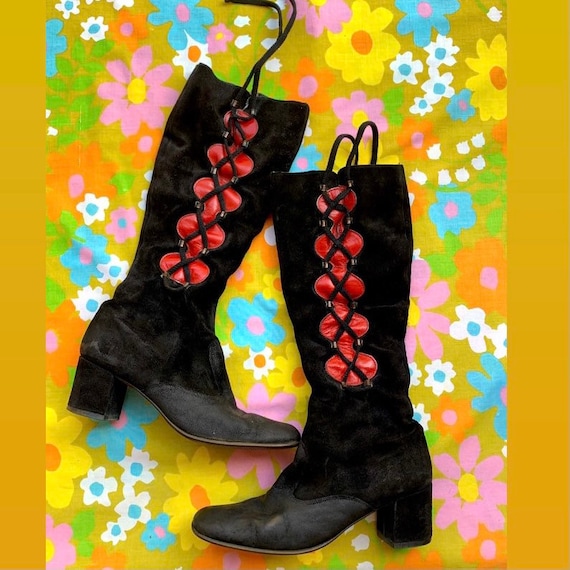 1960s Red Leather Black Suede Boots