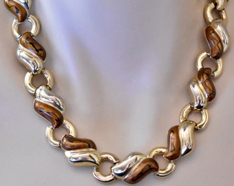 Vintage 80s Geometric Enamel Chain Link Choker Necklace Brown Gold Tone Adjustable Retro Costume Jewelry 16" - 19"