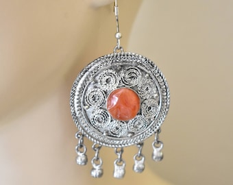 Vintage Gypsy Chandelier Fringe Dangle Statement Earrings Boho Filigree Silver Tone Retro Costume Jewelry 2.75"