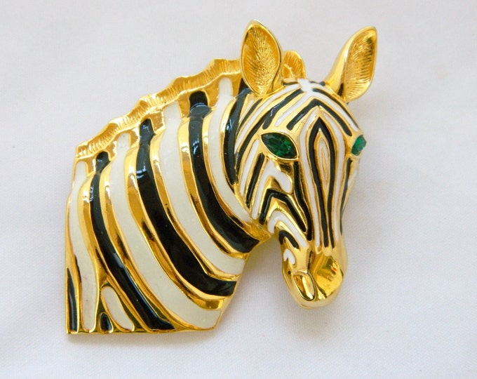 Vintage Zebra Statement Brooch, Zebra Pin, Gold Tone, Animal Brooch