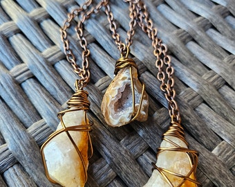 Bronze Wire Wrapped Necklace | Citrine | Druzy Geode | Gemstone Crystal Rock | Jewellery Keepsake Gift