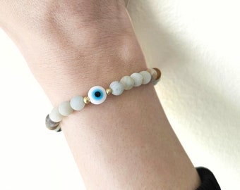 Amazonite Gemstone Crystal Bracelet Eye of Protection, Hamsa, Jewelry Gift