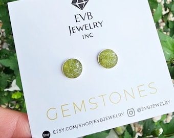 Peridot Gemstone Studs, Rough Natural Stone Stud Earrings Post, Crushed Gemstone, August Birthday Gift
