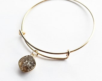 Raw Herkimer Diamond Gold Bangle, Rough Natural Stone, Crushed Gemstone, Crystal, Rock, April Birthstone, Protection, Gift
