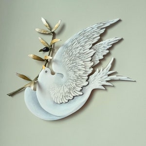 Holy Spirit Wooden Dove with Olive Branch Wall Art, Peace & Freedom Symbol for Home Decor, White Flying Bird Sculpture, Religious Idea Gift