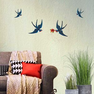 Handmade Wooden Swallow Wall Decor: Ceramic Flowers, Black Bird Art