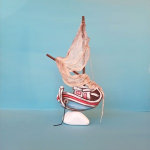 A Colorful Handmade Sailboat on a Stone Base\ Symbolic Personalized Gift\ Coastal Nautical & Beach Home Decor\ Wooden Sailing Ship Sculpture