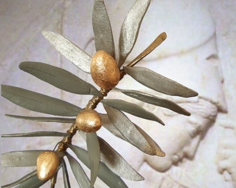 Golden & Green Ceramic Olive Branch on Wooden Base\ Symbol οf Peace\ Olive Tree Decor\ Sculpture Olive Artwork\ Greek Art\ Symbolic Gift