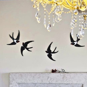 Flock of 4 Wooden Painted Swallows\ Black & White Bird in Flying\ Wall Installation\ Hanging Large Bird Wall Decor\ Bird Sculpture for Gift