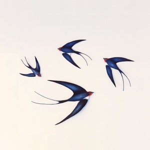 Flock of 4 Minimalist Flying Swallows Wall Decor, Black Bird Sculpture, Spring Wall Installation, Bird Theme Wall Hang, Modern Barn Swallow
