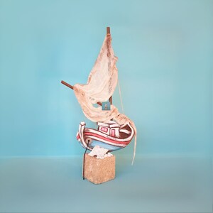 A Colorful Handmade Sailboat on a Real Shell and Sand Decorated Base\ Art Gift\ Coastal Nautical & Seaside Home Decor\ Wooden Ship Model