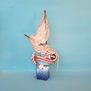 A Colorful Handmade Sailboat on Blue Base Decorated with Real Seashell\ Art Gift\ Coastal Nautical & Beach Home Decor\ Wooden Ship Model