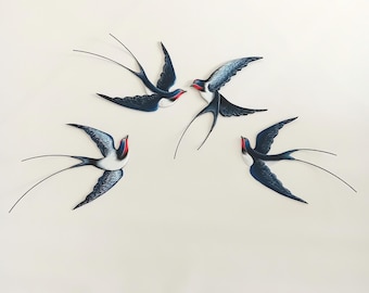 Sculptured Swallow Wall Art: Wood & Metal Flying Birds, Set of 4, Spring Home Decor