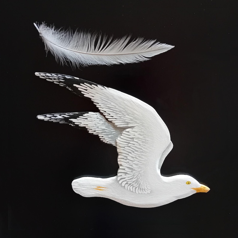 Wooden Painted Seagull in Flight for Beach House Style Decor, Coastal