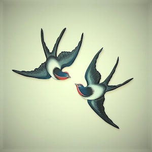 Hand Painted Wooden Swallows Wall Decor, Bird Wall Art Set of 2, Nature & Spring Inspired Gift for Bird Lovers, Flying Barn Swallow Artwork