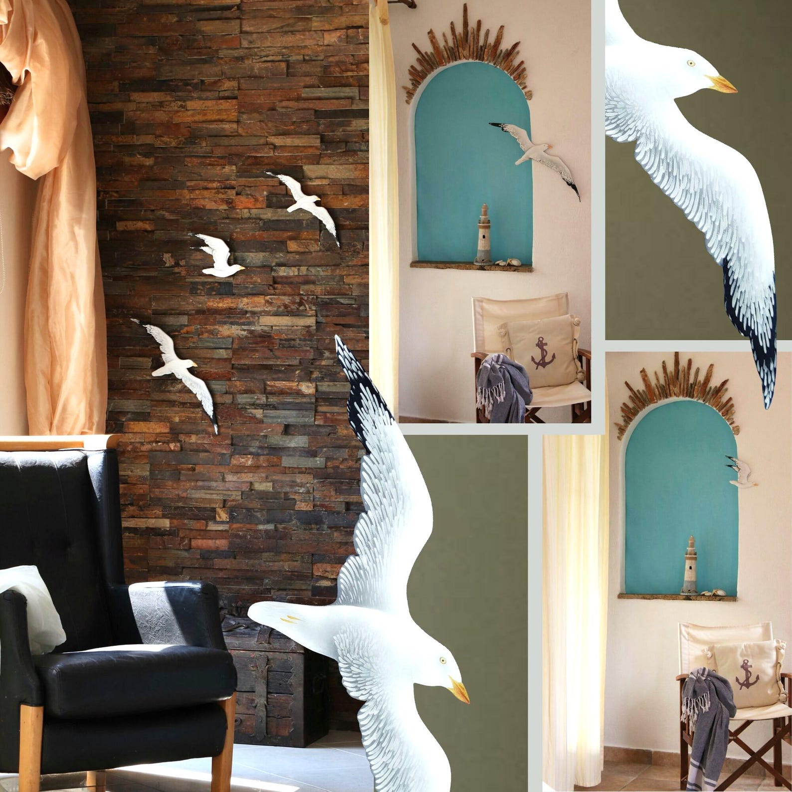 Idyllic Wall Decor of Wooden White Seagulls Flying, Set 3\ Coastal ...