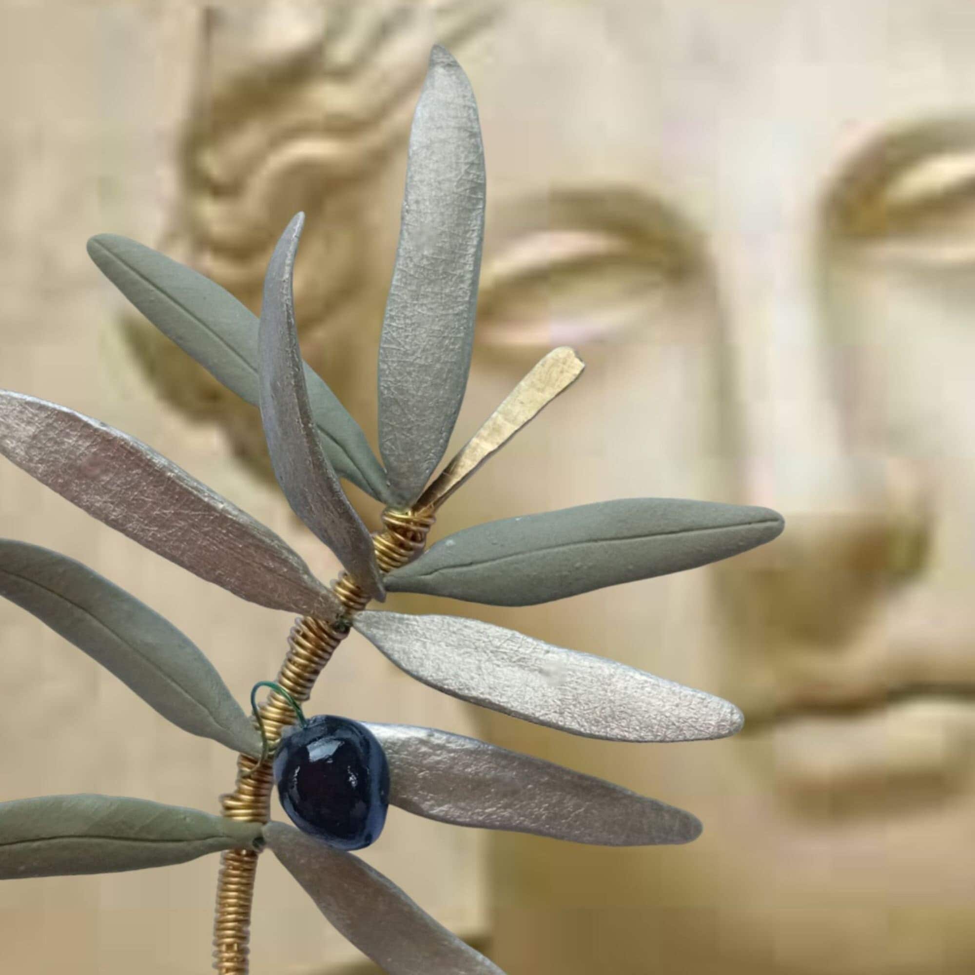 Handmade Ceramic Olive Branch with Black Olives & Green Leaves on Base, Peace Symbolic Gift Idea, Greek Art, Gold Sculpture Olive Tree Decor