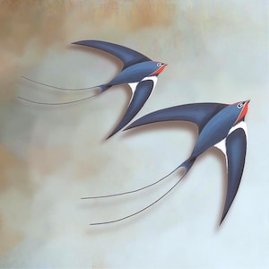 Minimalist Swallows Wall Art Set 2, Spring Bird Wall Decor, Flying Barn Swallows Wood & Metal, Bird Lovers Symbolic Gift Idea, Nature Art