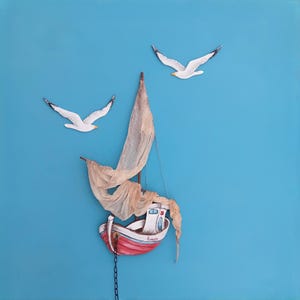 Handgemachtes Holzsegelboot & Möwen | Maritime Küsten Deko | Strandhaus Wandbild | Geschenk für Meerliebhaber