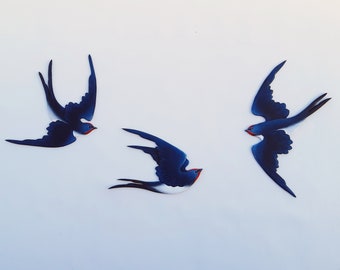 3 Wooden Flying Swallows\ Black Bird\ Flock of Birds\  Wall Installation\ Swallow Art\ Bird Home Decor\ Swallow Wall Decor\ Bird Wall Art