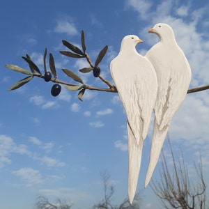 2 Wooden White Doves on Ceramic Olive Branch Wall Decor, Dove of Peace, Pigeon Wall Art, Wedding Gift, Bird Decoration, Olive Sculpture Art