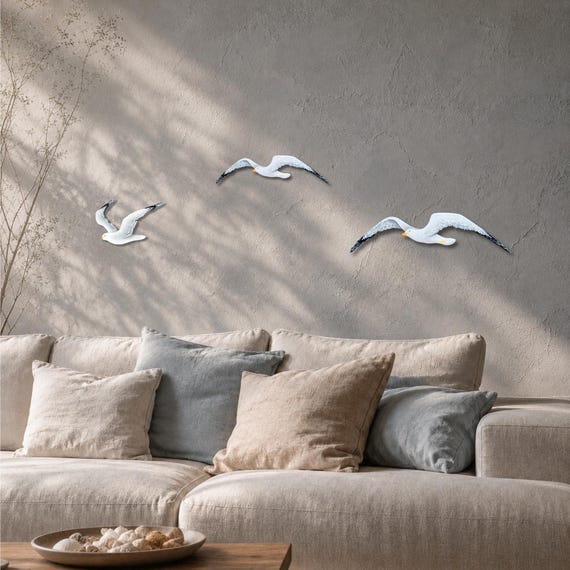 Seagulls Wall Art: Coastal Nautical Beach House Decor - White Wooden Bird Sculpture