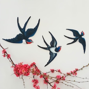Vivid Set of 3 Wooden Flying Swallows, Hand Painted Bird Wall Decor, Barn Swallow Sculpture, Spring and  Nature Inspired Wall Art Gift