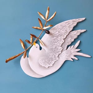 Elegant Dove of Peace with Golden Olive Branch Sculpture, White Bird Wall Art Decor, Spiritual Religious Gift, Christian Holy Spirit Pigeon