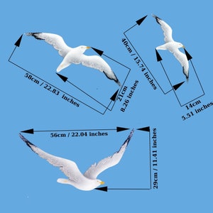 Flock of three hand painted wooden seagulls wall art with individual dimensions shown