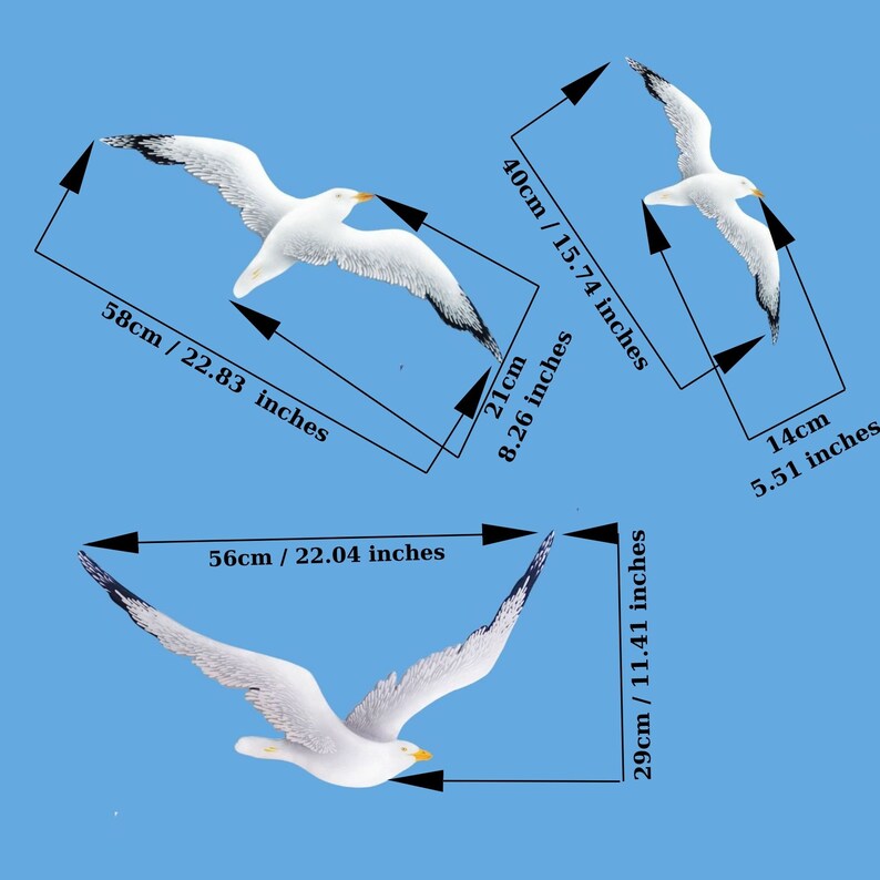Flock of three hand painted wooden seagulls wall art with individual dimensions shown