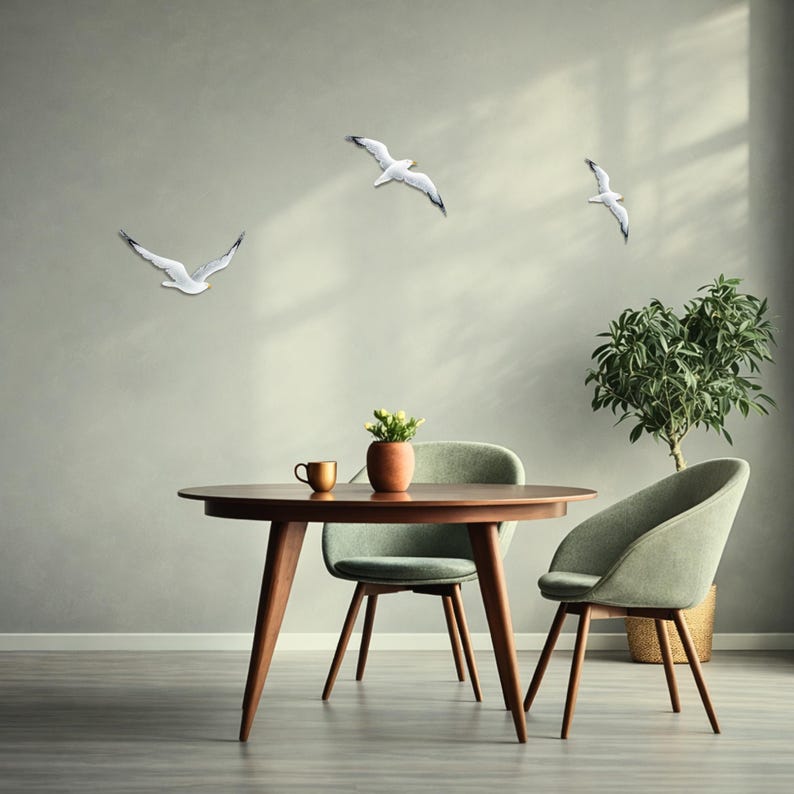 Flying bird wall art installation with 3 flying wooden seagulls in dining area