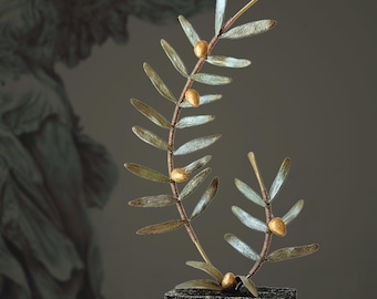 Two Sculptured Olive Branches with Green Ceramic Leaves and Golden Fruits on a Wooden Base, Metal Olive Tree Decor, Symbolic Greek Art Gift