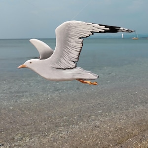 May include: A painted wooden seagull in flight, with white and grey plumage, black wingtips, and a yellow beak and feet. The sculpture is set against a backdrop of a calm sea and sky.