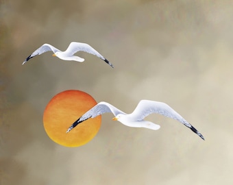 Mouettes et soleil en bois peints à la main : ensemble d'art mural coucher de soleil côtier, décoration de maison de plage