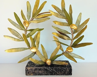 Collector Olive Wreath Sculpture on Base – Ceramic Gold Olive Branch, Symbolic Mediterranean Art Decor