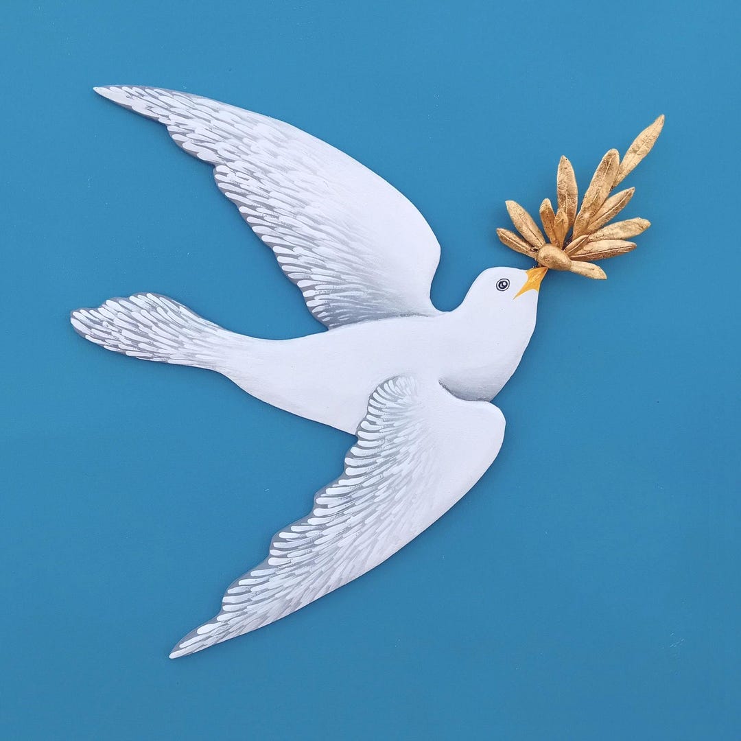 Hand-carved Wooden Dove Wall Decor: Golden Olive Branch, Spiritual