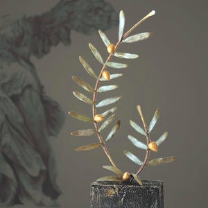 Olive Branch Sculpture, Handmade Greek Art with Ceramic Leaves and 22K Gold Olives