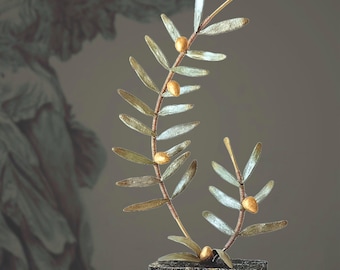 Olive Branch Sculpture, Handmade Greek Art with Ceramic Leaves and 22K Gold Olives