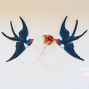 Spring Inspired Wall Art with Wooden Swallows and Ceramic Flowers, Large Flying Bird Home Decor, Country Style Gift for mom or Lover Couples