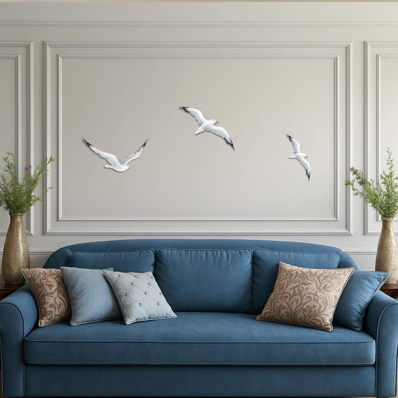 Flock of Seagulls Wall Art – Large Coastal Hand Painted White Wooden Statement Wall Installation