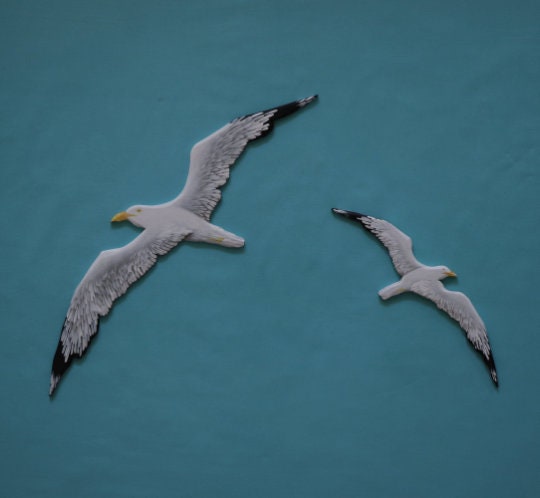 wood carving seagulls Relaxing décor wall summer decoration wall installation sculpture gift set of 2 birds Flying seagulls