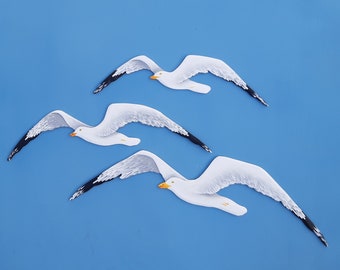 Dreamy Flock of 3 Wooden Seagulls, Wall Art Set with Painted Hanging Bird in Flight, Nautical Coastal & Beach Decoration, Wall Installation